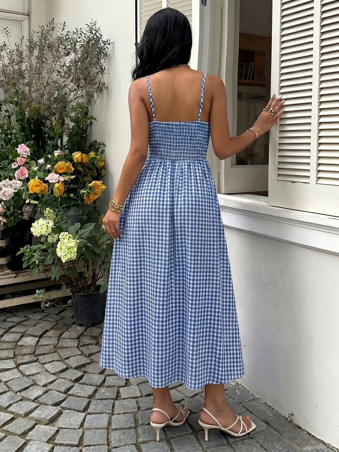 Blue Check Smocked Maxi Vacation Dress