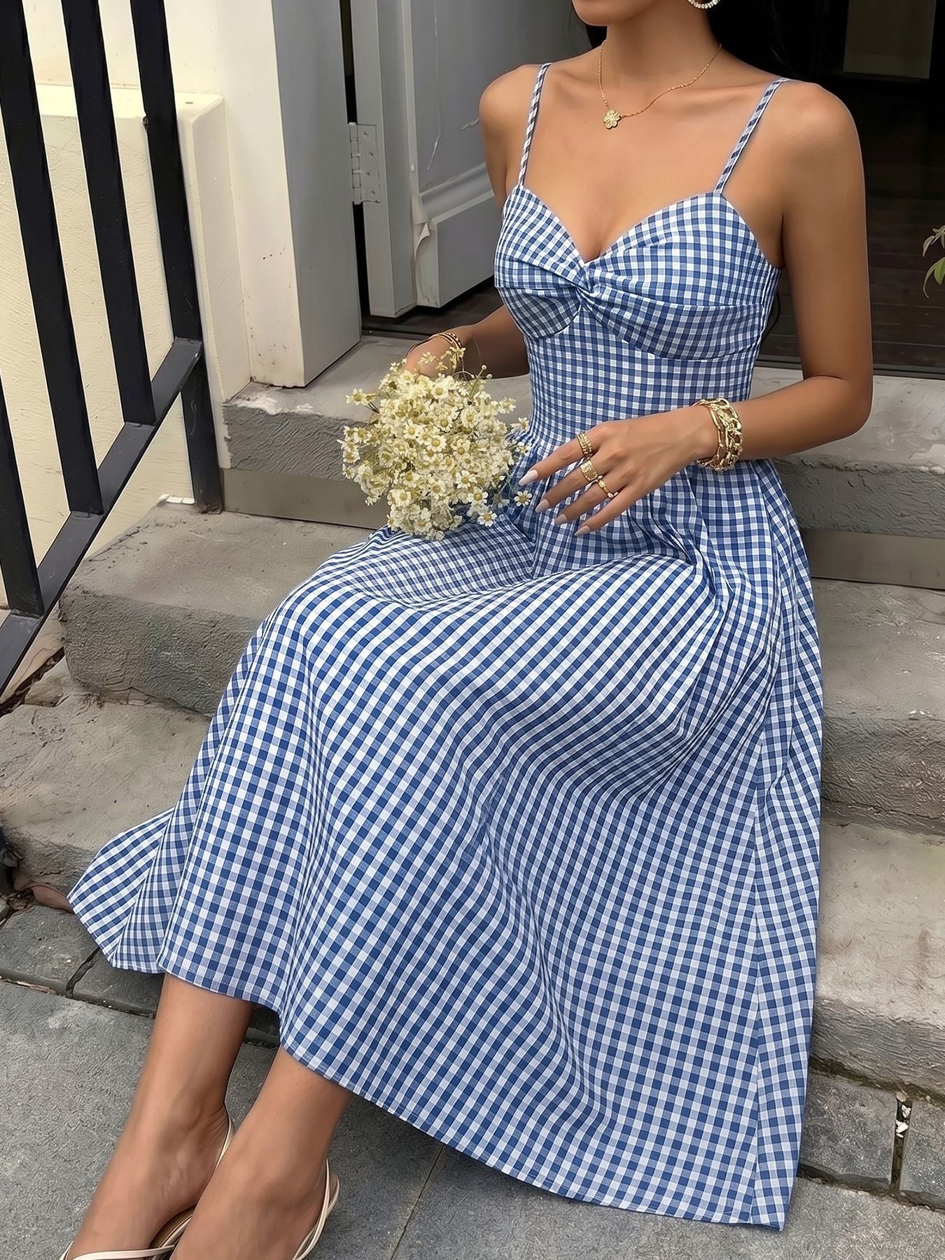 Blue Check Smocked Maxi Vacation Dress