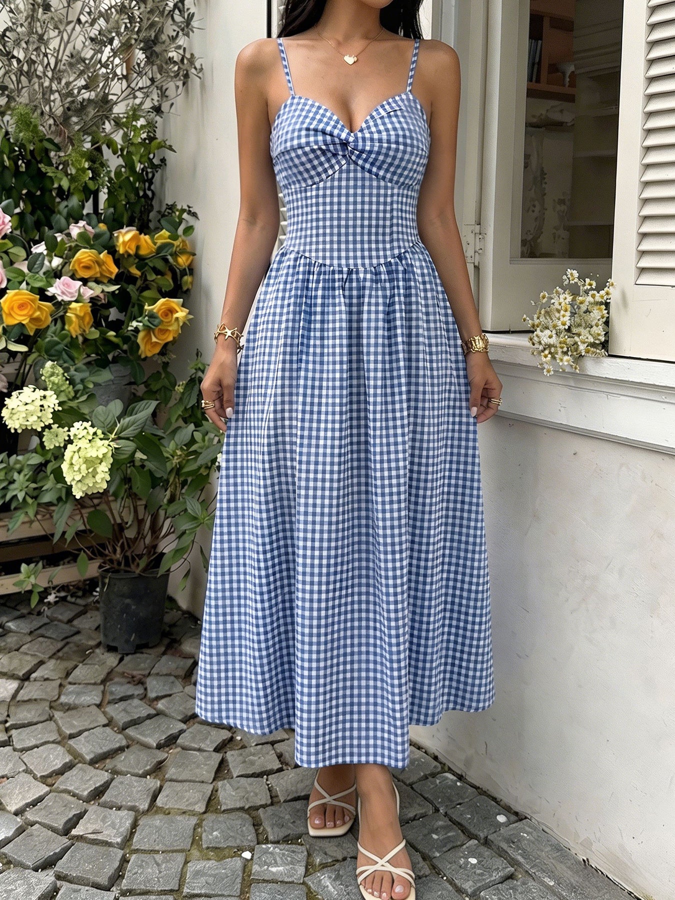 Blue Check Smocked Maxi Vacation Dress