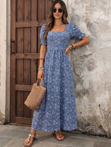Blue Floral Embroidered Smock Maxi Dress