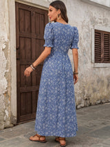 Blue Floral Embroidered Smock Maxi Dress