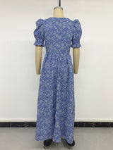 Blue Floral Embroidered Smock Maxi Dress