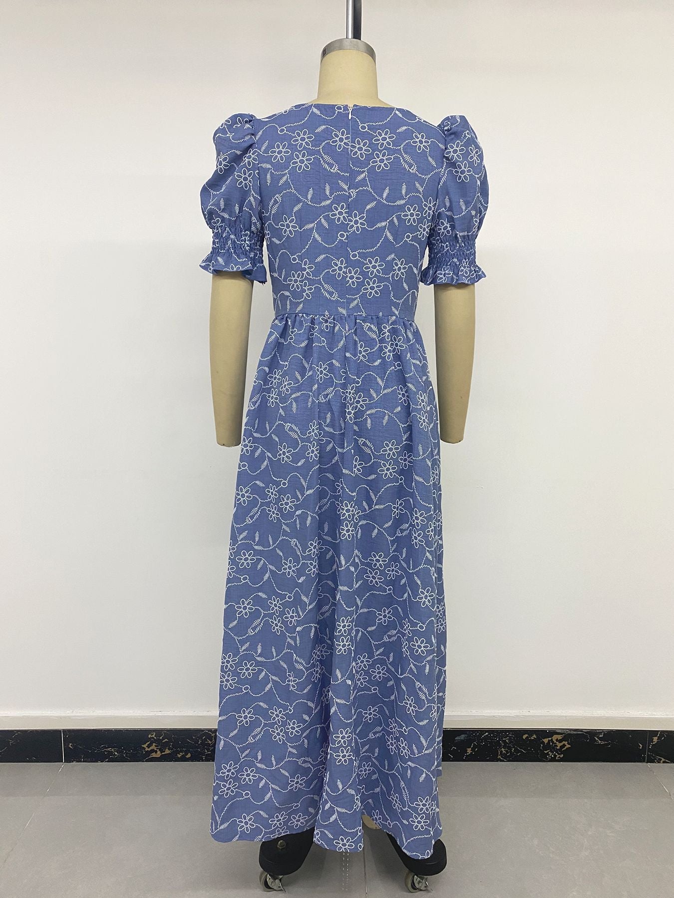 Blue Floral Embroidered Smock Maxi Dress