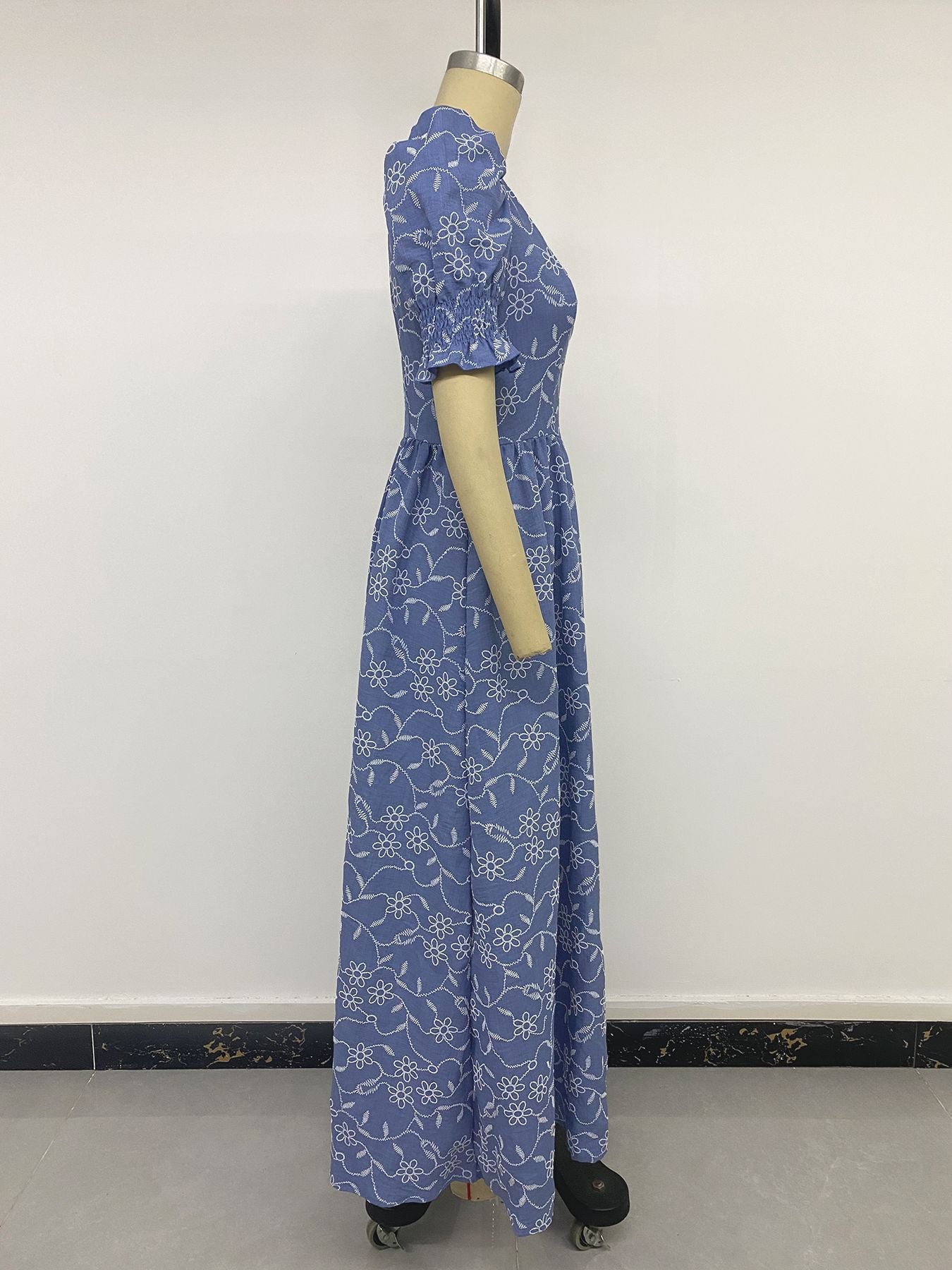 Blue Floral Embroidered Smock Maxi Dress