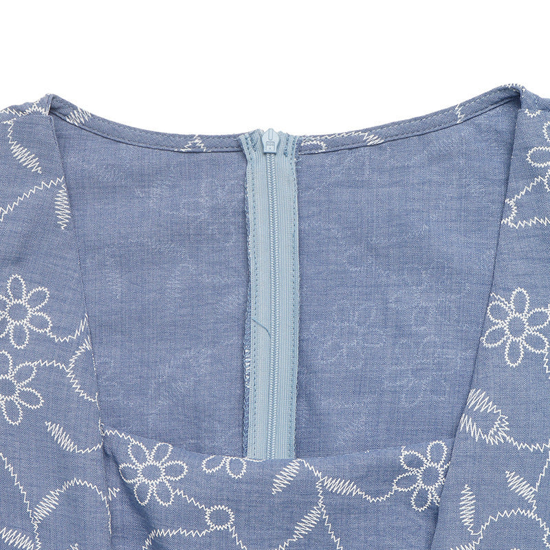Blue Floral Embroidered Smock Maxi Dress