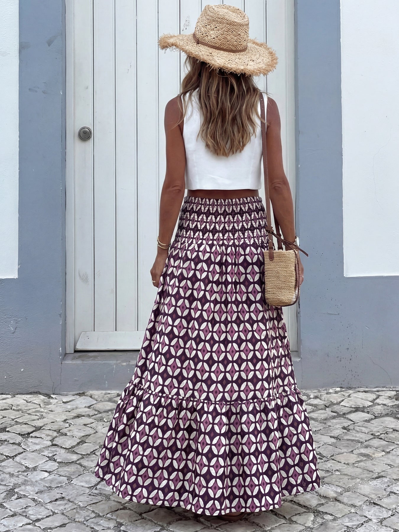 Boho Print Tiered Maxi Vacation Skirt Purple