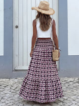 Boho Print Tiered Maxi Vacation Skirt Purple