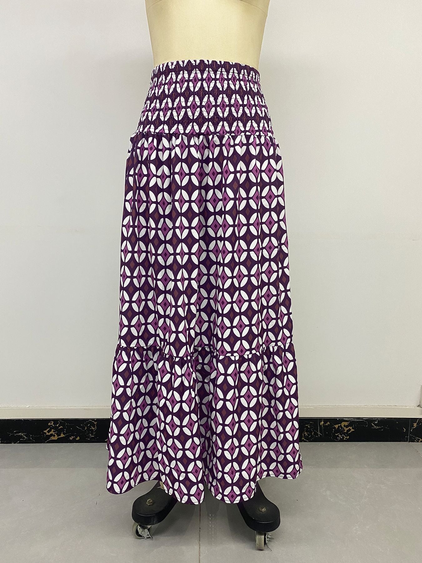 Boho Print Tiered Maxi Vacation Skirt Purple