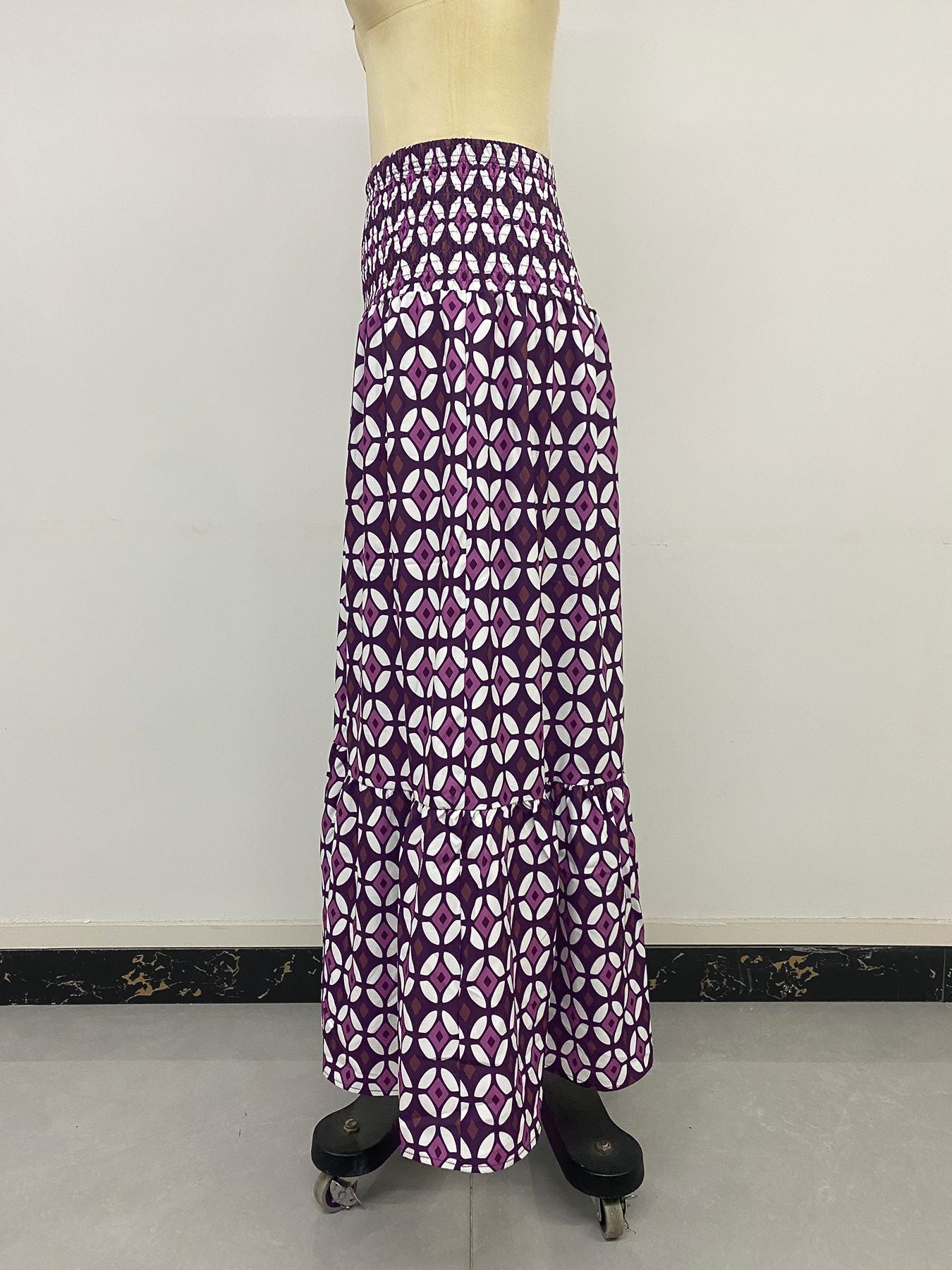 Boho Print Tiered Maxi Vacation Skirt Purple