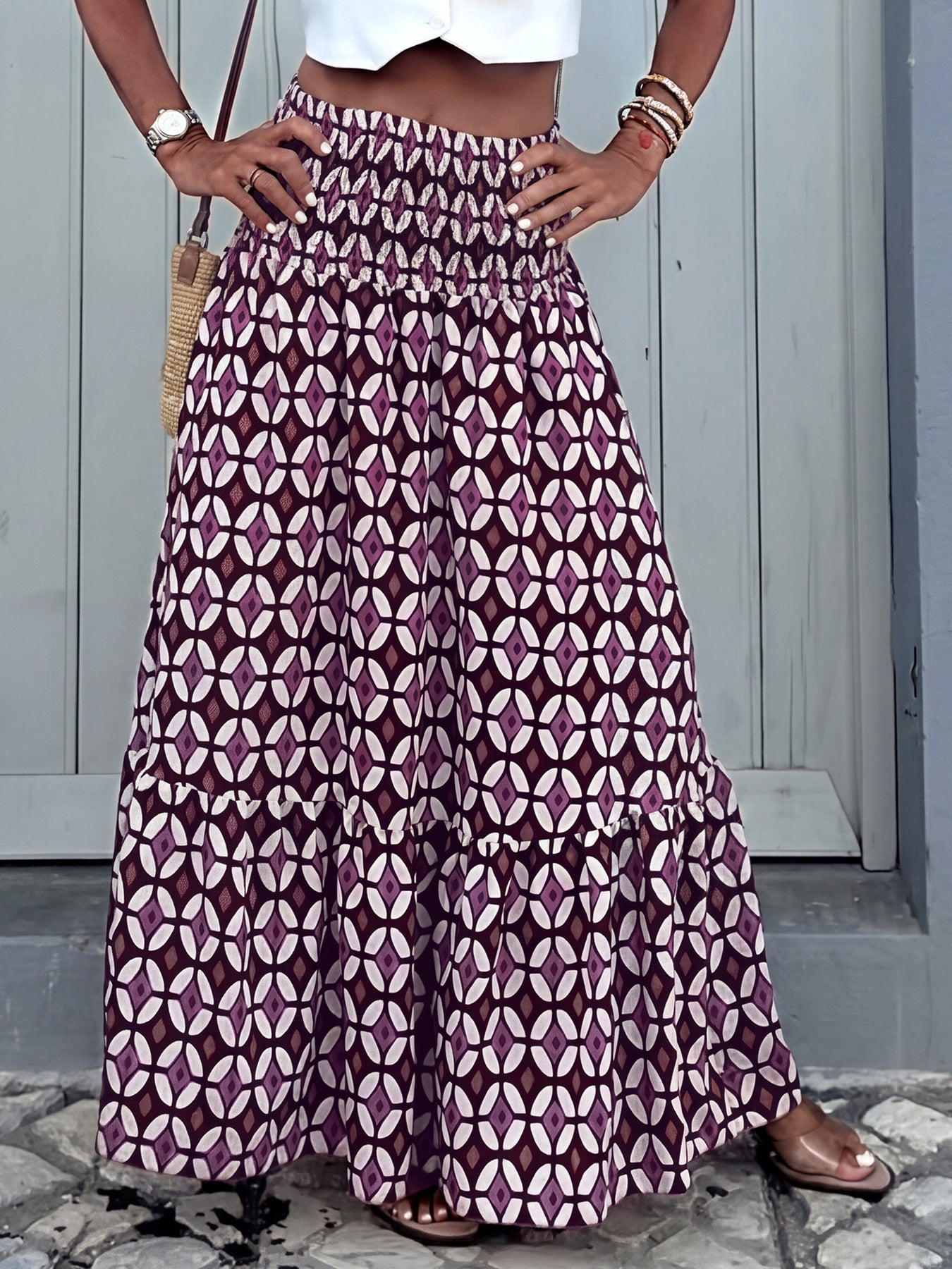 Boho Print Tiered Maxi Vacation Skirt Purple