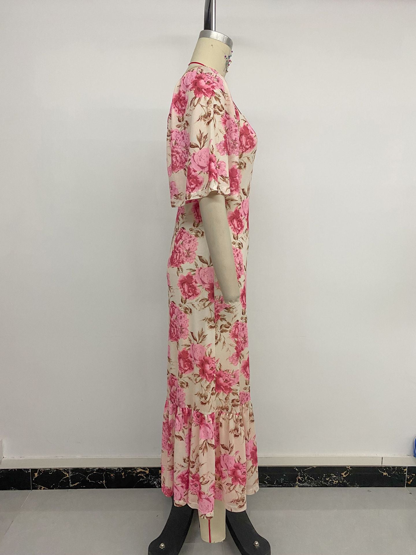 Floral Open Back Maxi Dress Pink Beige Chic