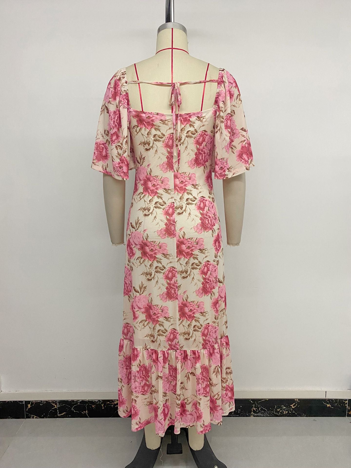 Floral Open Back Maxi Dress Pink Beige Chic