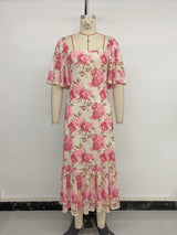Floral Open Back Maxi Dress Pink Beige Chic