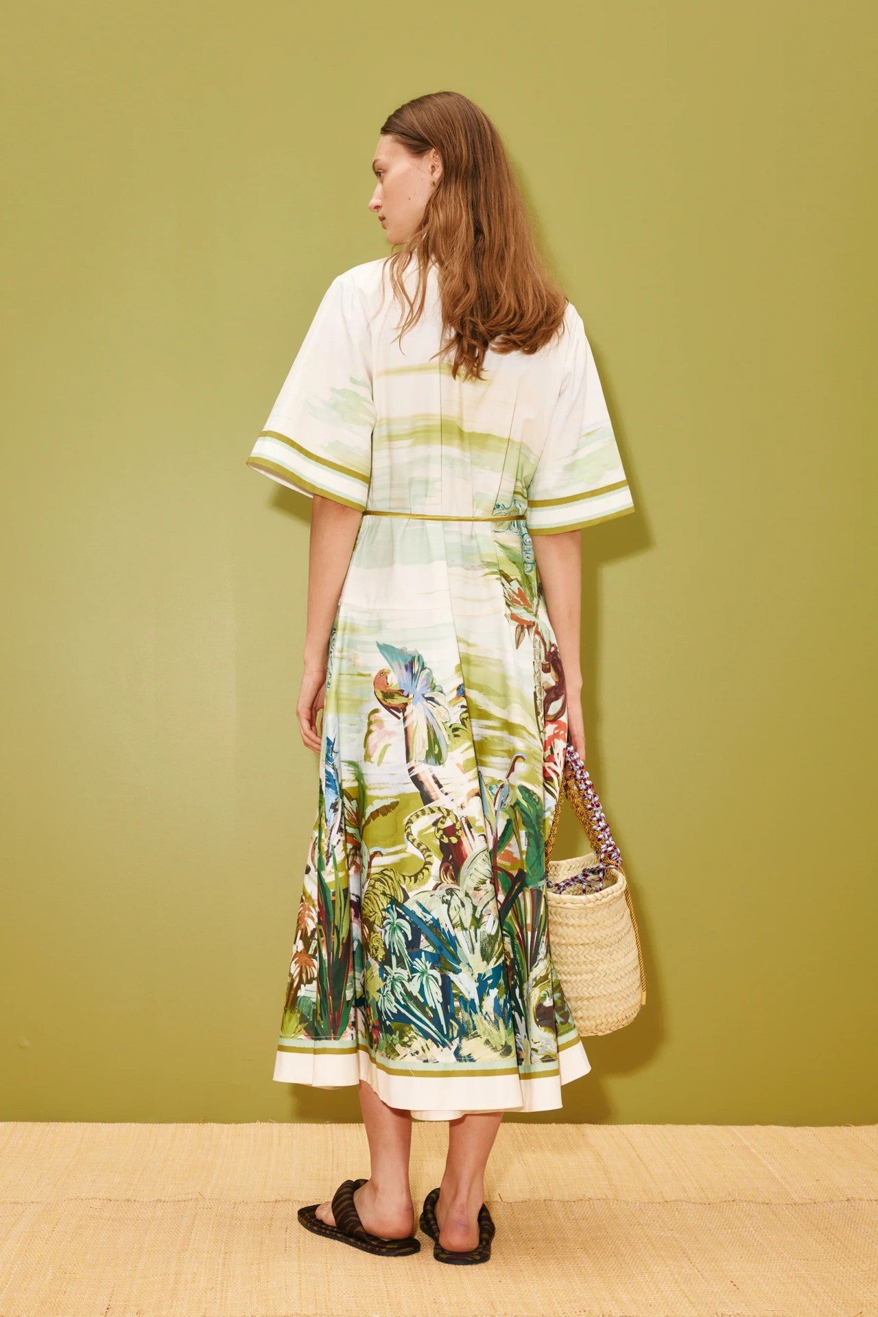Women’s Tropical Print Shirt Midi Dress with Waist Tie