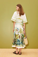 Women’s Tropical Print Shirt Midi Dress with Waist Tie