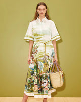 Women’s Tropical Print Shirt Midi Dress with Waist Tie