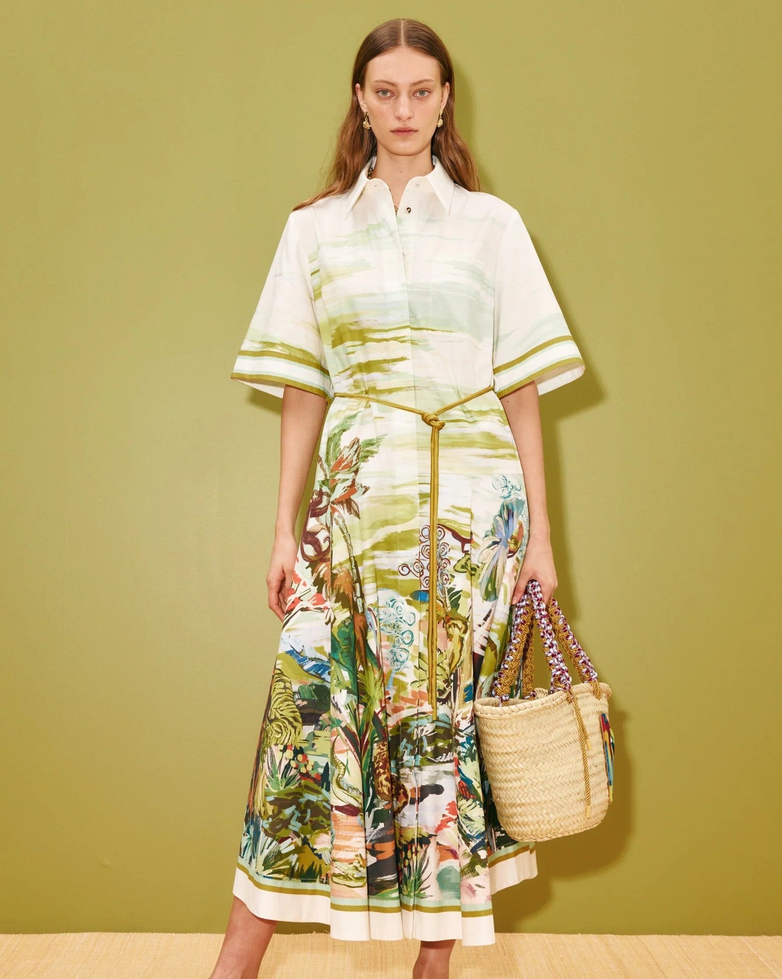 Women’s Tropical Print Shirt Midi Dress with Waist Tie