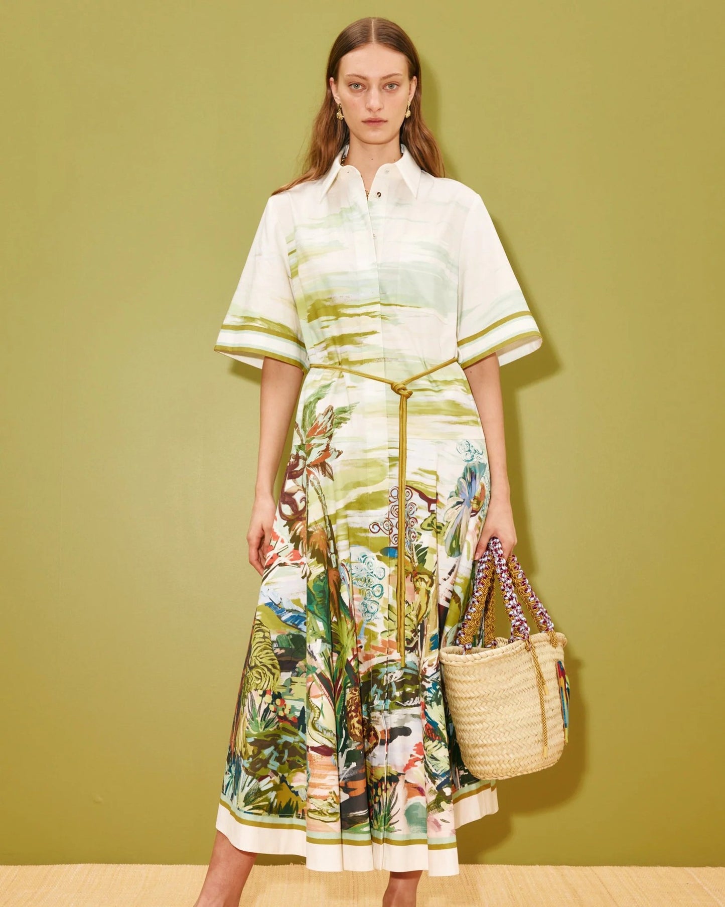Women’s Tropical Print Maxi Shirt Dress with Waist Tie