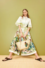 Women’s Tropical Print Shirt Midi Dress with Waist Tie