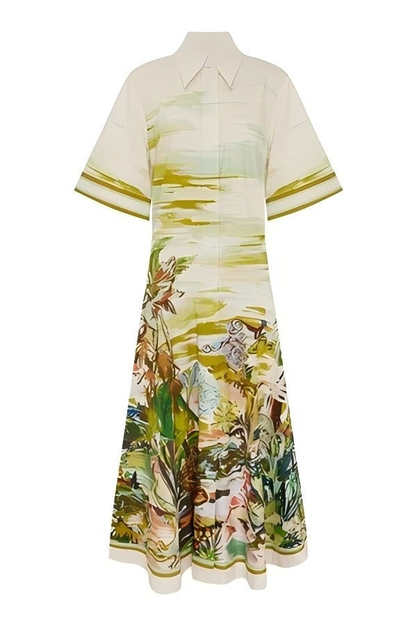 Women’s Tropical Print Shirt Midi Dress with Waist Tie
