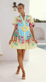 Women’s Floral Print Puff Sleeve Mini Dress with Belt