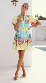 Women’s Floral Print Puff Sleeve Mini Dress with Belt