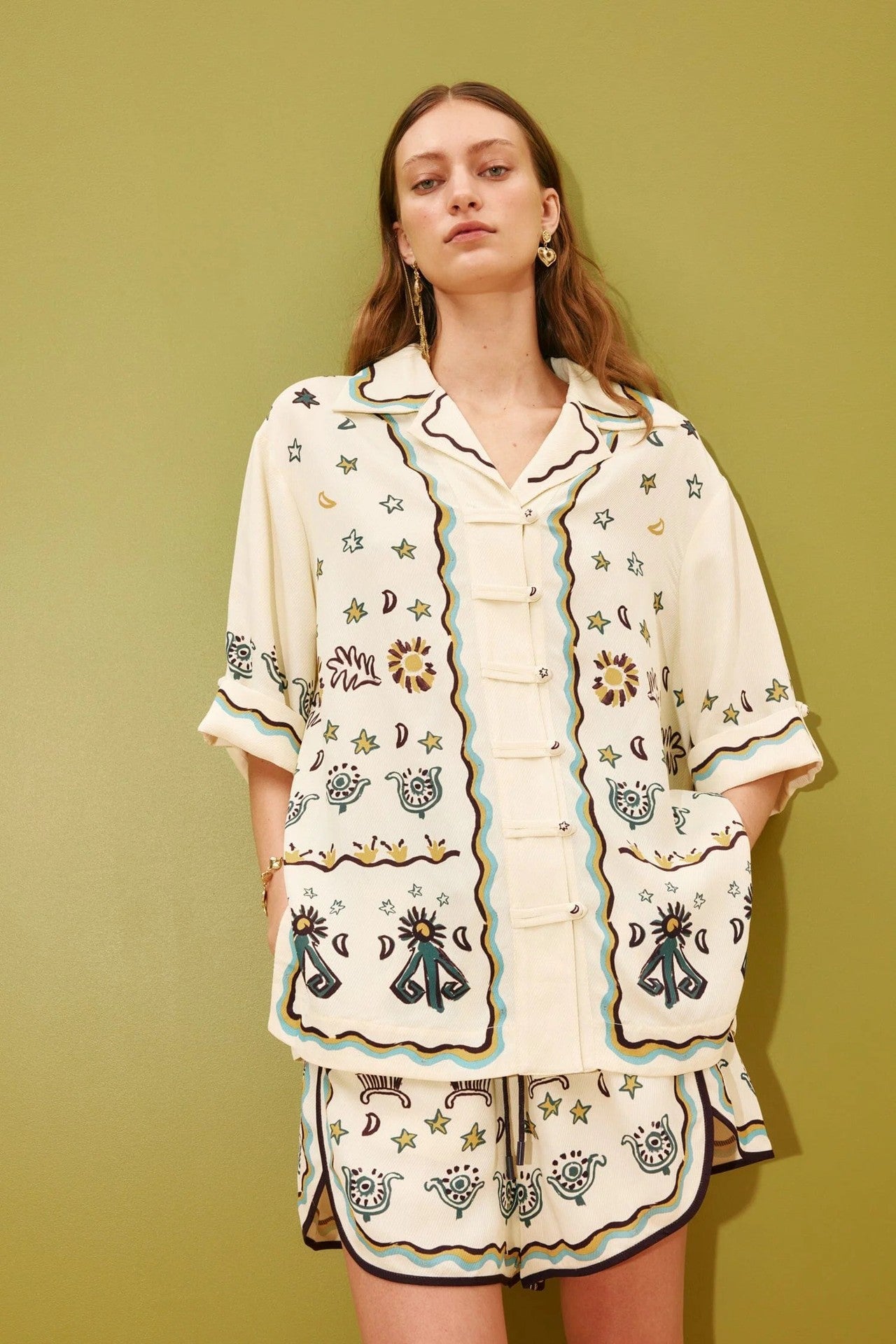 Women’s Printed Button-Up Shirt and Shorts Set