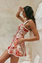 Red Floral So LaFleur Print, Premium Linen Lace-Up Corset Dr