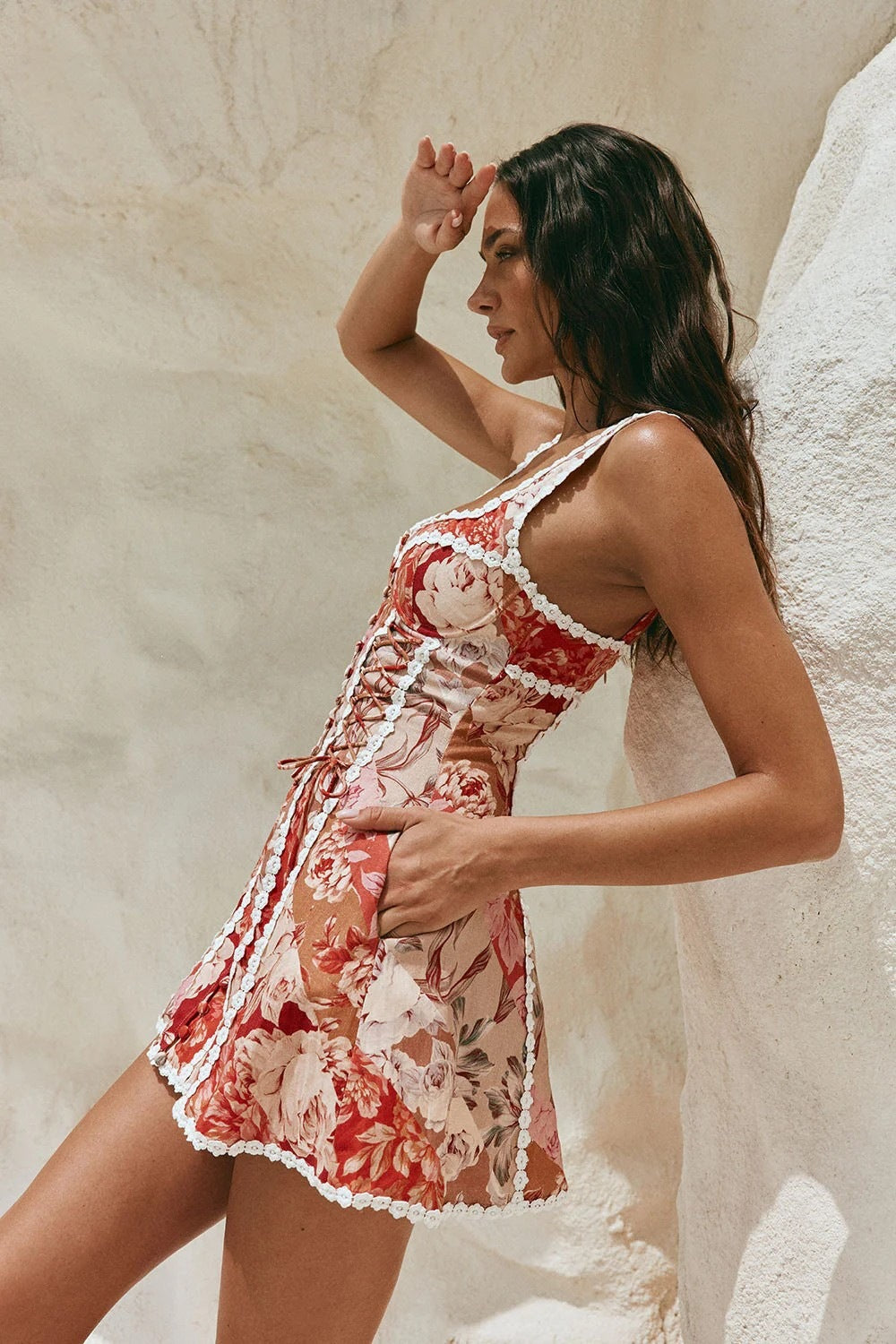 Red Floral So LaFleur Print, Premium Linen Lace-Up Corset Dr