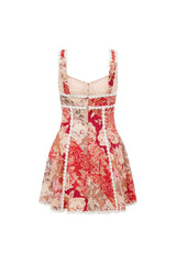 Red Floral So LaFleur Print, Premium Linen Lace-Up Corset Dr
