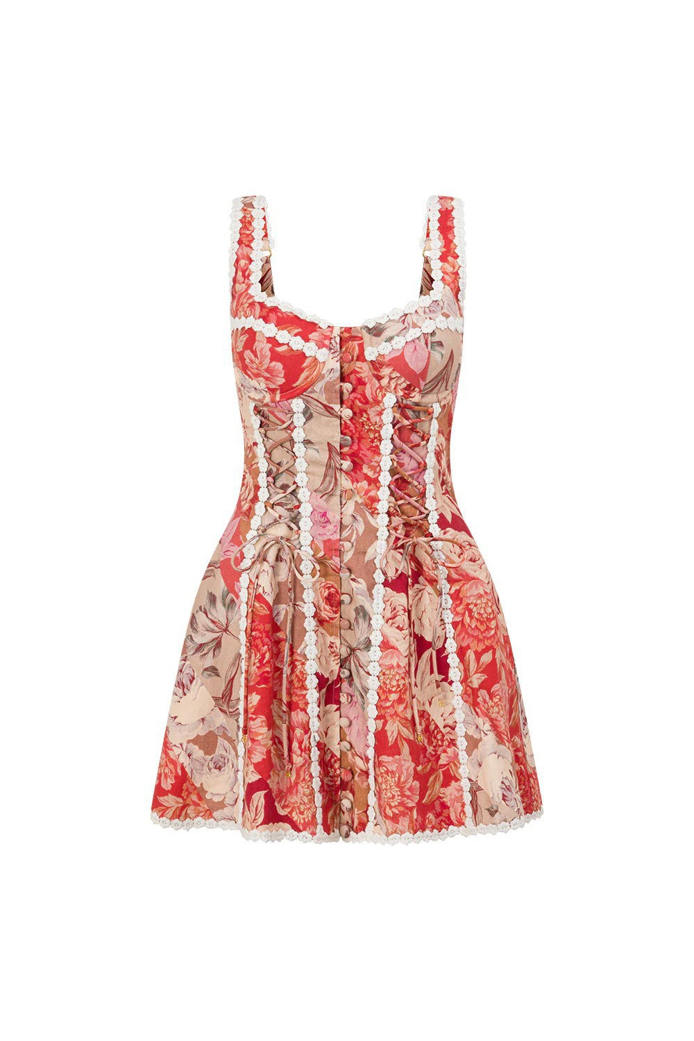 Red Floral So LaFleur Print, Premium Linen Lace-Up Corset Dr