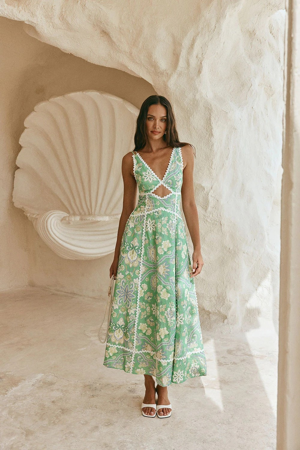 Women`s Green Floral Linen Maxi Dress – V-Neck Sleeveless