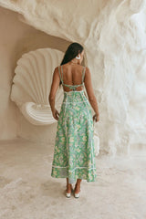 Women`s Green Floral Linen Maxi Dress – V-Neck Sleeveless