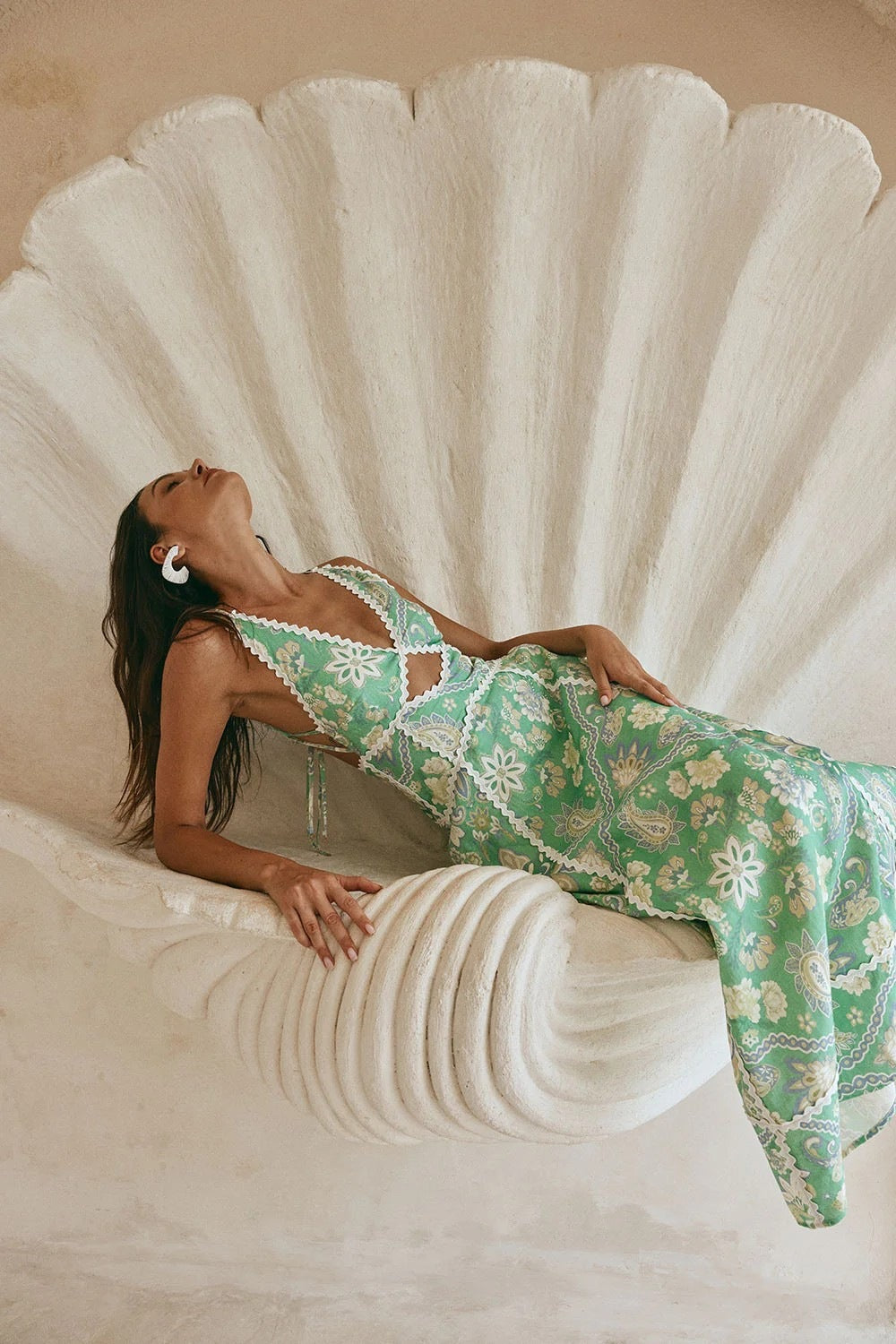 Women`s Green Floral Linen Maxi Dress – V-Neck Sleeveless