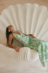 Women`s Green Floral Linen Maxi Dress – V-Neck Sleeveless