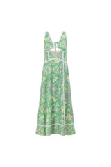 Women`s Green Floral Linen Maxi Dress – V-Neck Sleeveless