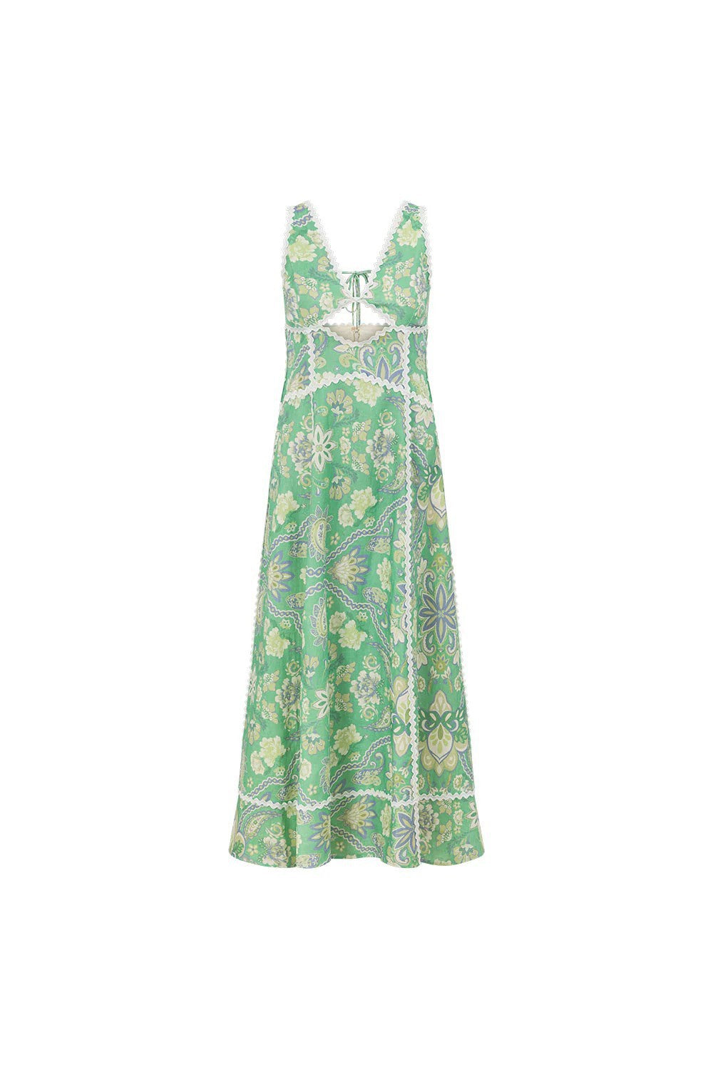 Women`s Green Floral Linen Maxi Dress – V-Neck Sleeveless