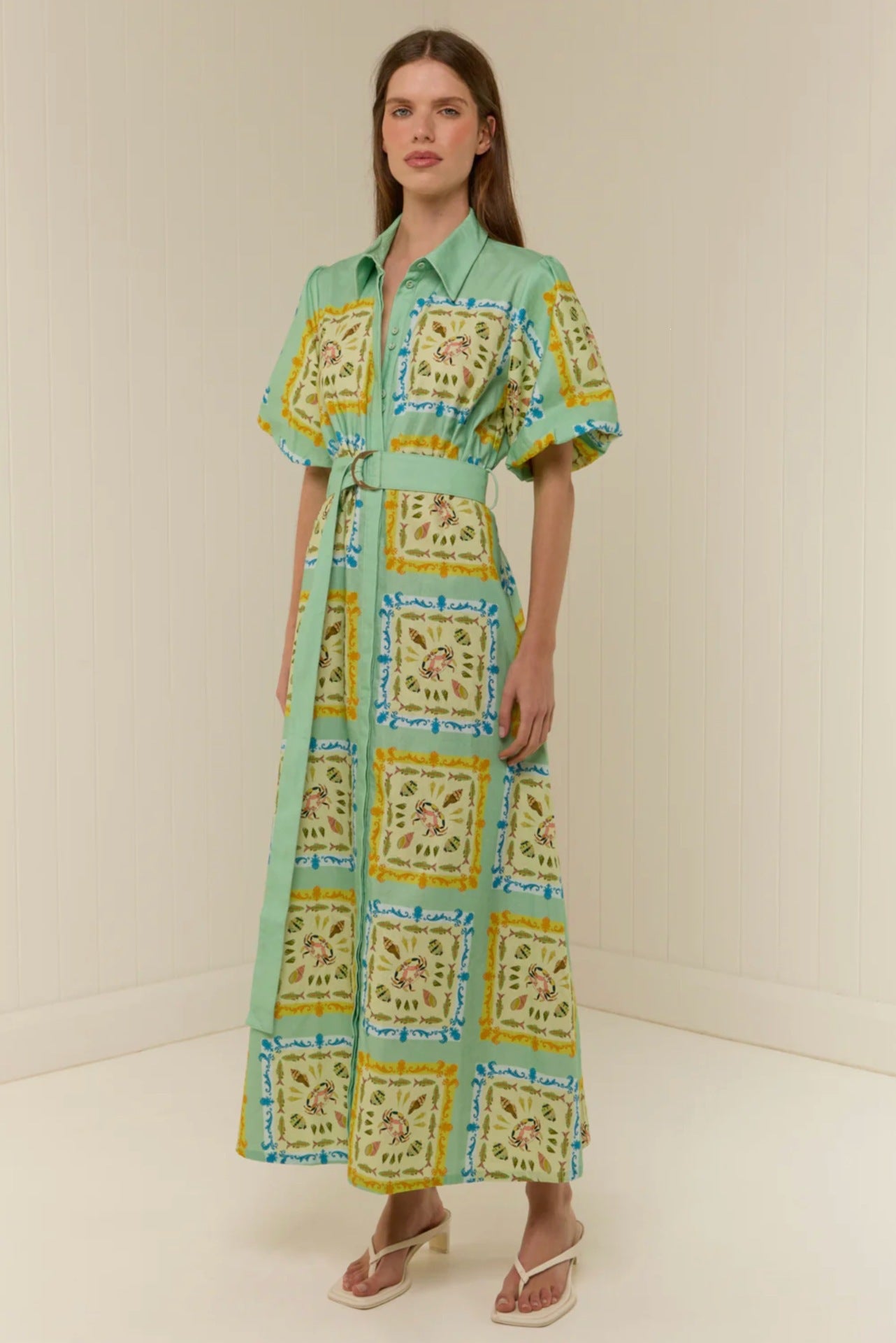 Women`s Collared Linen Midi Dress – Short Blouson Sleeve