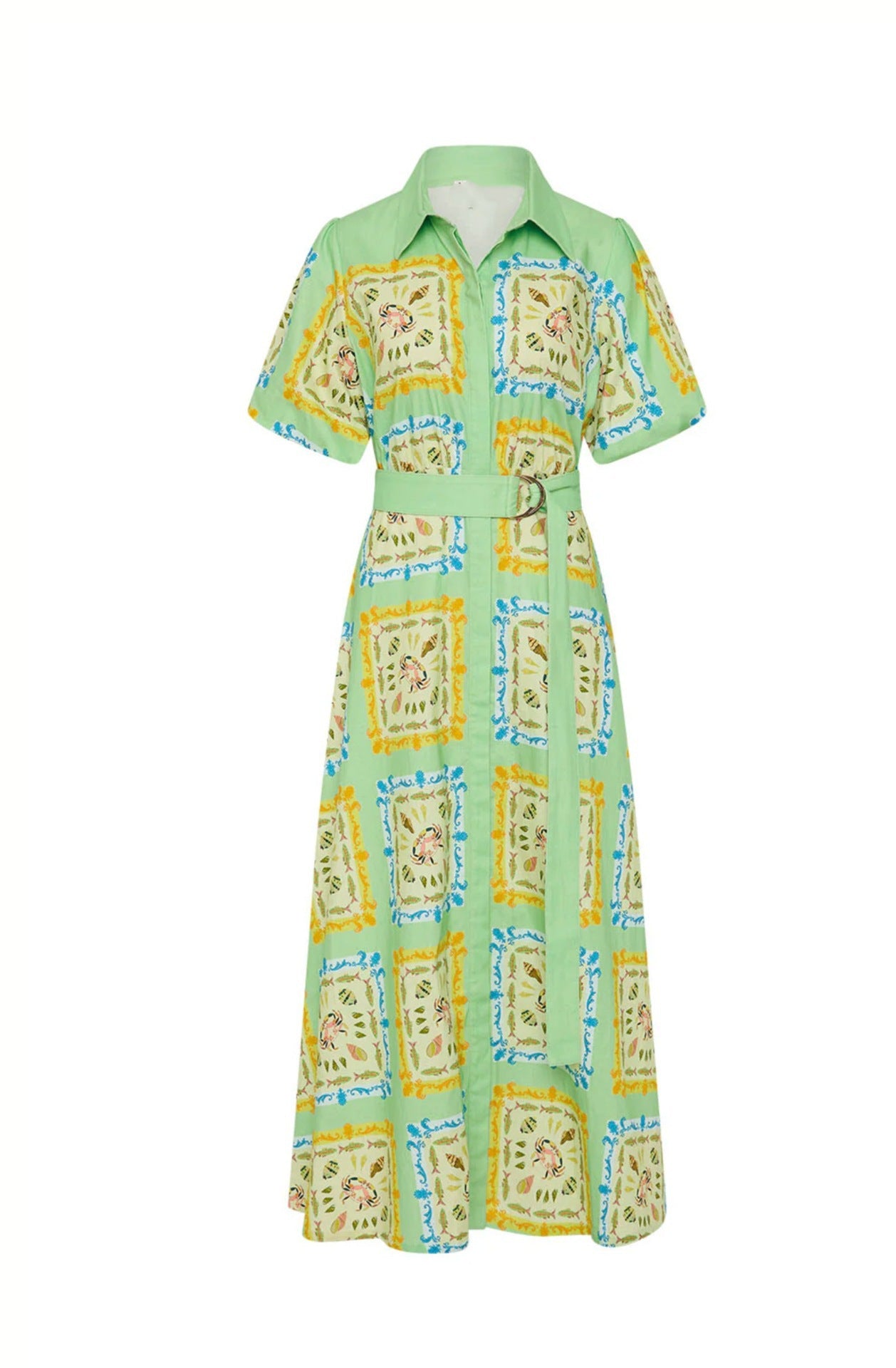 Women`s Collared Linen Midi Dress – Short Blouson Sleeve