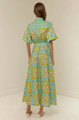Women`s Collared Linen Midi Dress – Short Blouson Sleeve