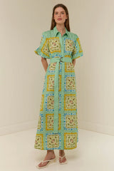 Women`s Collared Linen Midi Dress – Short Blouson Sleeve
