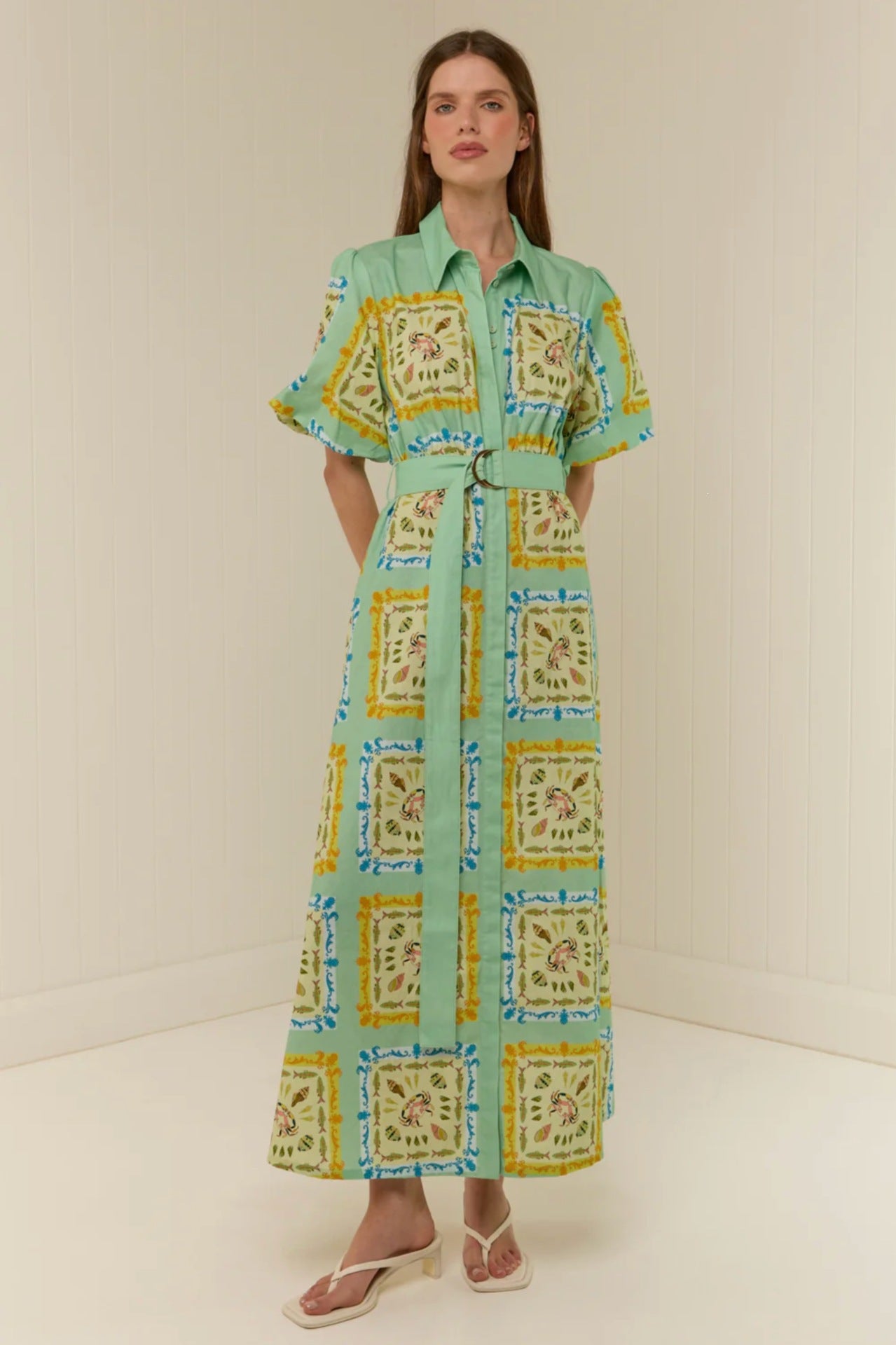 Women`s Collared Linen Midi Dress – Short Blouson Sleeve