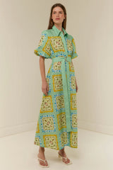 Women`s Collared Linen Midi Dress – Short Blouson Sleeve