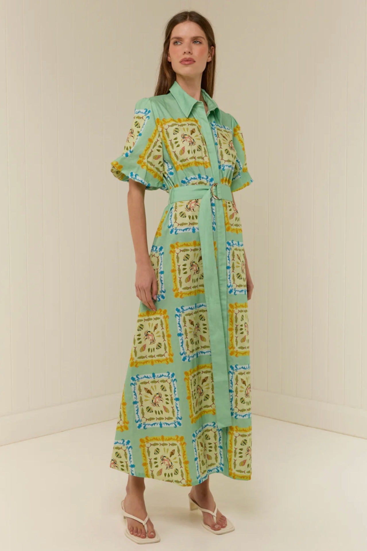 Women`s Collared Linen Midi Dress – Short Blouson Sleeve