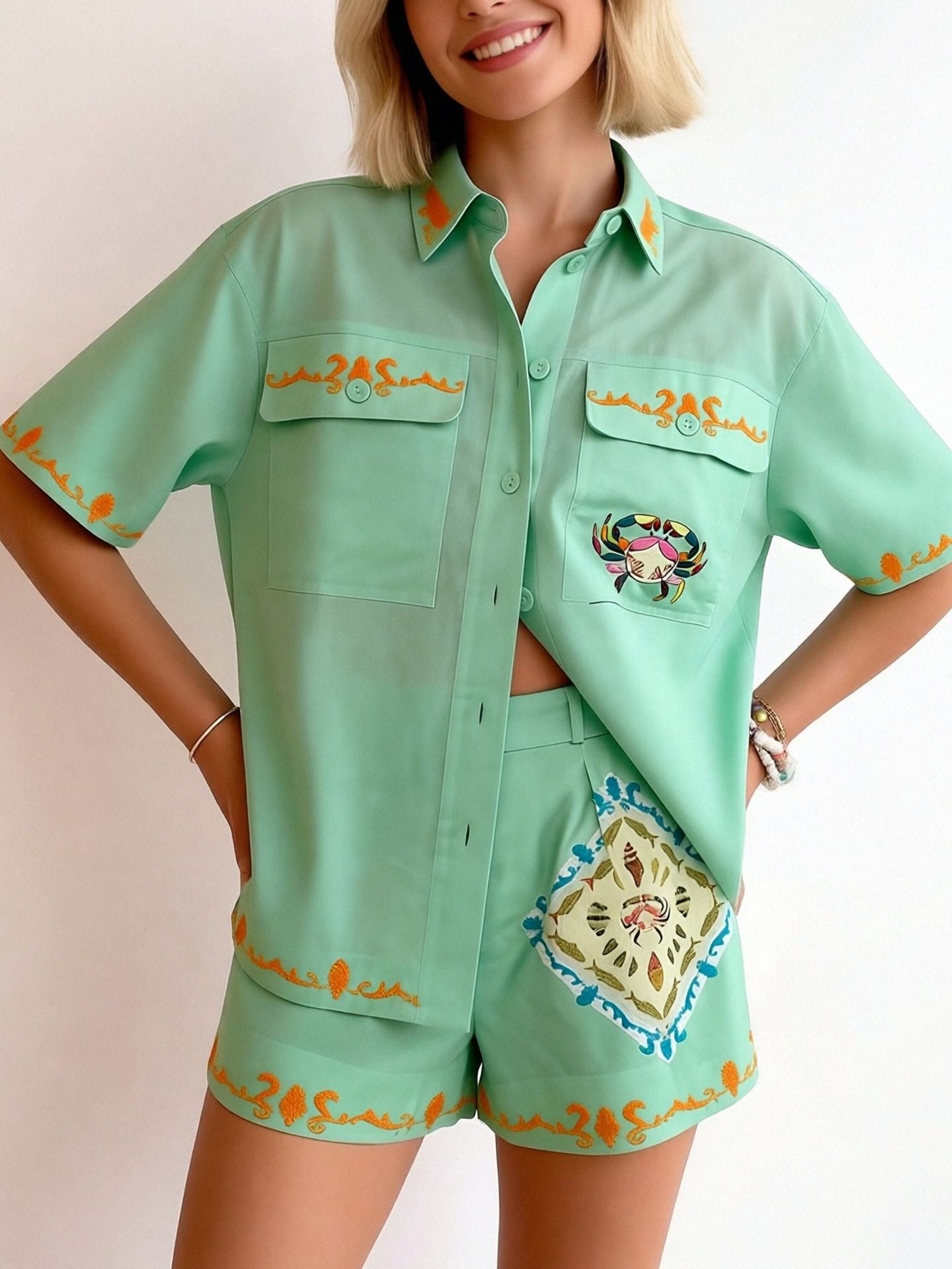 Relaxed Fit Embroidered Short Sleeve  Shirt  & Short