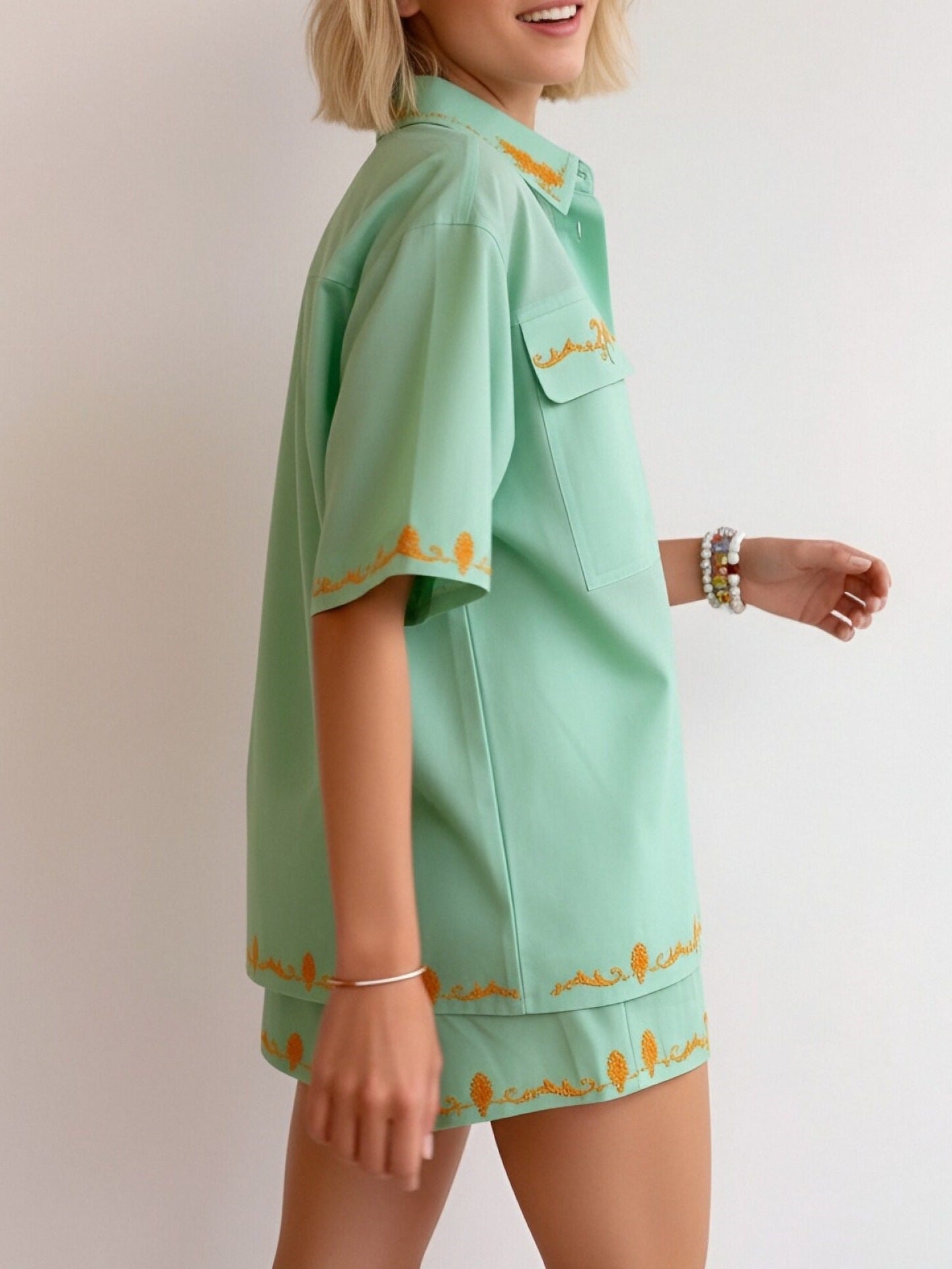 Relaxed Fit Embroidered Short Sleeve  Shirt  & Short