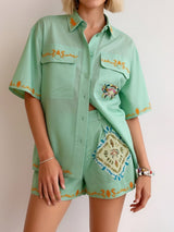 Relaxed Fit Embroidered Short Sleeve  Shirt  & Short