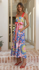 Women`s Square Neck Printed Midi Dress with Statement Bow