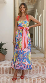 Women`s Square Neck Printed Midi Dress with Statement Bow