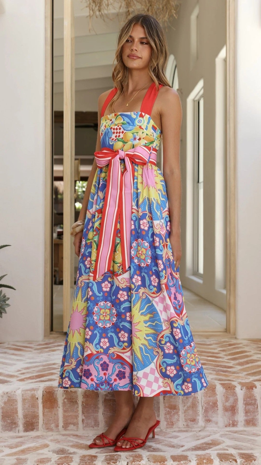 Women`s Square Neck Printed Midi Dress with Statement Bow